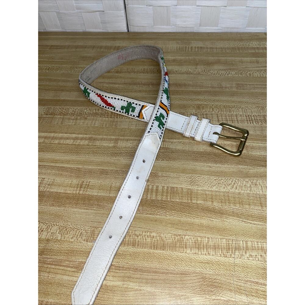 80s Beaded Southwestern Style Belt White Leather Brass Buckle Sz 28 USA Made